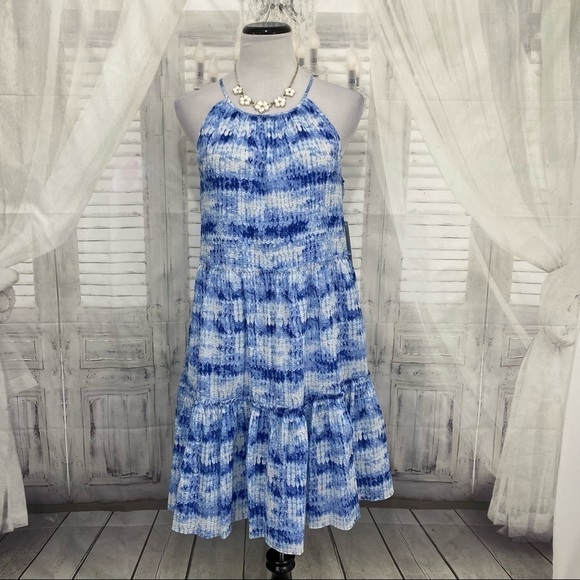 Eliza J Size 14 Blue White Tie Dye Halter Neck Sleeveless Trapeze Pockets Dress - Picture 2 of 13